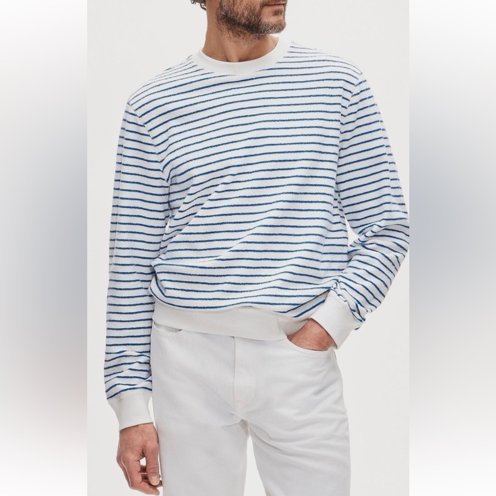 J. crew Terry cloth Men's Blue & White Striped Crewneck Sweater size L NEW